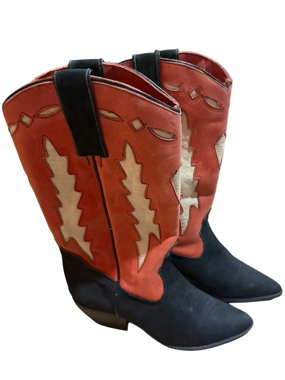 Vintage Black & Red Leather Cowboy Boots Western Pointed Toe Size 8 - Picture 3 of 5